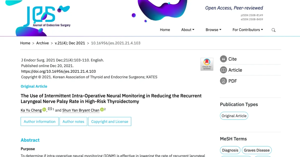 Journal of Endocrine Surgery｜高風險甲狀腺手術中的神經監測