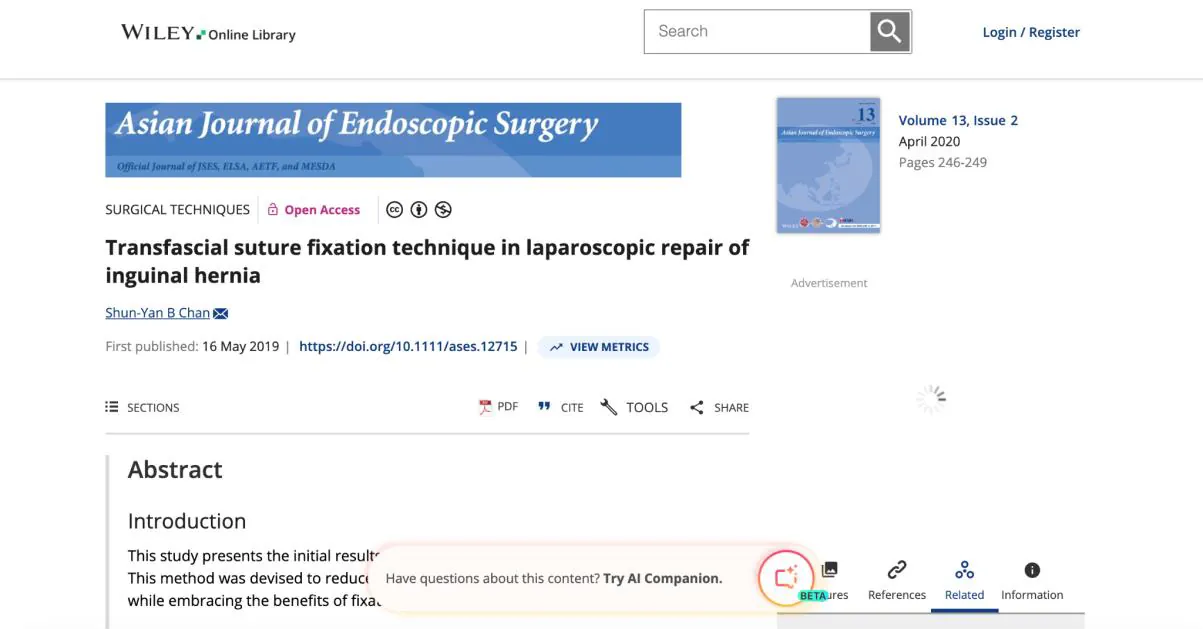 Asian Journal of Endoscopic Surgery｜腹腔鏡疝氣修補的縫線固定技術
